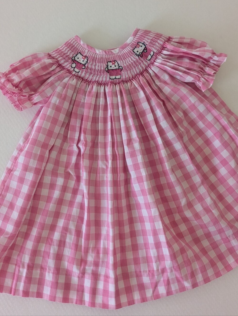 Three Sisters Pink White Gingham Hand-Smocked Hello Kitty Dress 12M